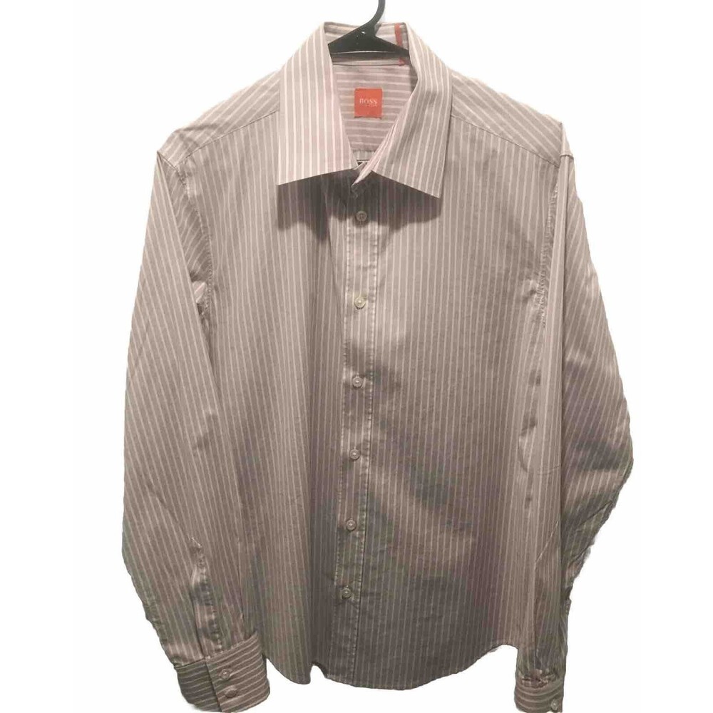 Hugo Boss Button Down Long Sleeve Dress Shirt Mens Large Gray White Striped